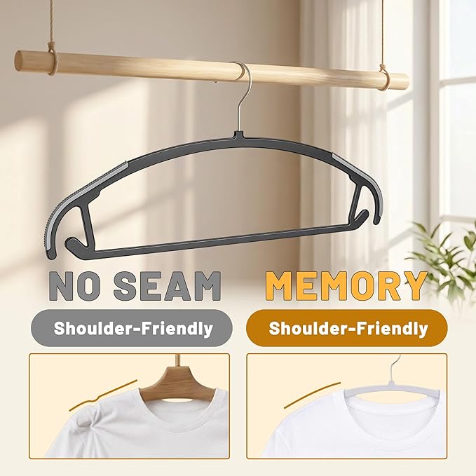 Arc Design No Shoulder Bump Plastic Hangers 30 Pack,Ultra Thin Non-Slip Hangers for Clothes,Heavy Duty Coats Hangers,360°Swivel Silver Hook,Space Saving Closet Organizer-(Black)