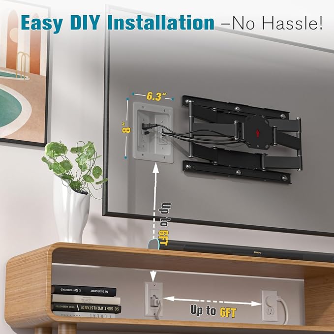 TV Cord Hider for Wall Mounted TV, in-Wall Cable Management Kit, Outlet Box– Dual Outlet Cord Hider with TypeC/USB Power Port & Low Voltage Support, Includes Drywall Saw, Template & Extension Cable