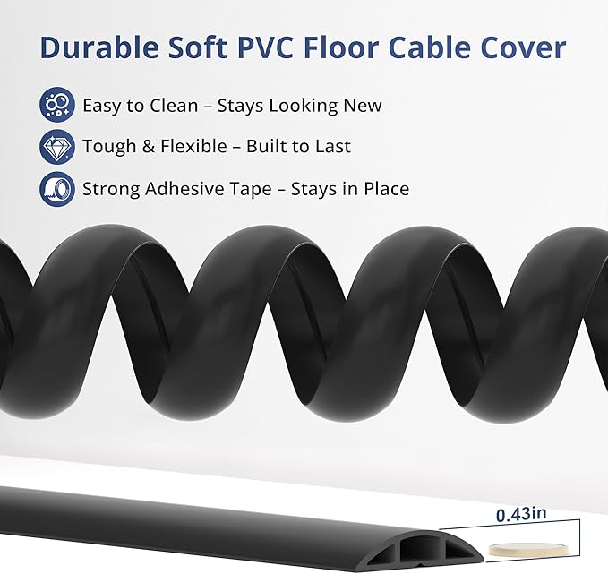ZhiYo 5.6ft Cord Covers for Wires on Floor, Cord Hider Floor Hide Extension Cords, Soft PVC Cable Cover Cable Protector, Wire Cavity W0.62in H0.31in, White