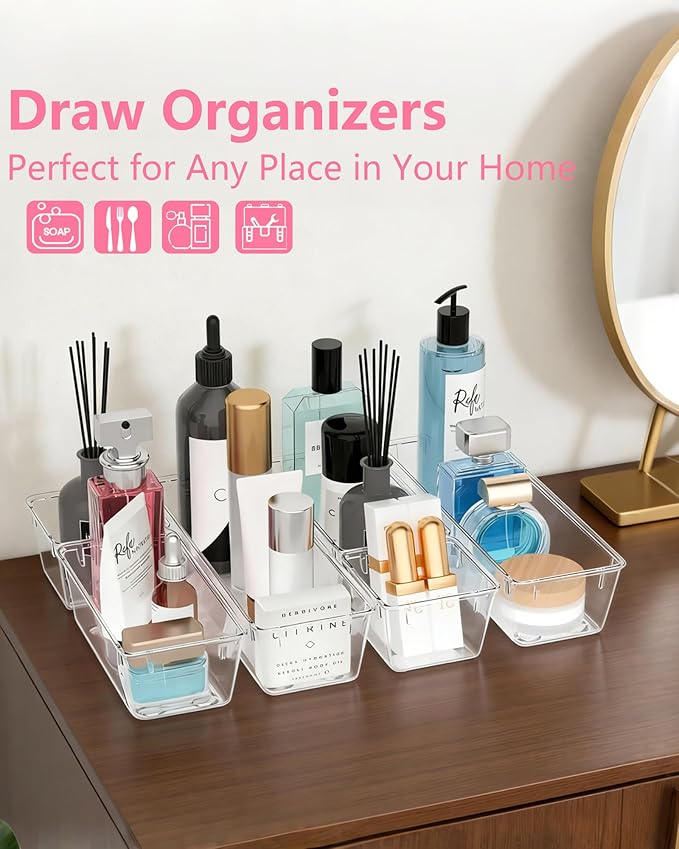 13 Pcs Makeup Drawer Organizer Set, 5 Sizes Versatile Vanity Drawer Organizer for Makeup, Non-Slip Desk Organizer Trays for Bathroom, Bedroom, Office, Fits Jewelry and Office Supplies