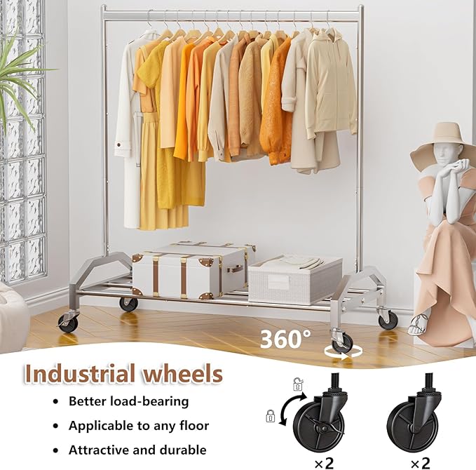 Wiracks Clothes Rack Clothing Rack with Wheels Rolling Clothing Rack for Hanging Clothes Garment Rack Loads 300 LBS for Bedroom, Laundry Room, Retail Store (Silver)
