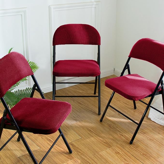 Dust-Proof Folding Chair Covers 2 Piece Set Backrest & Seat Cushion Cover for Office Meeting，Household，Computer，Party (Burgundy, One Size)