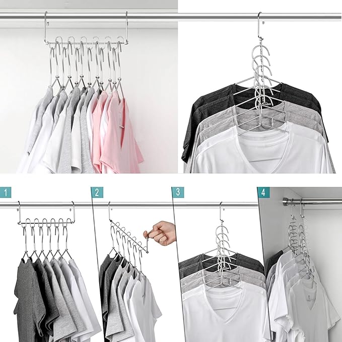 KLEVERISE 20 Pack Metal Space Saving Hangers, Stainless Steel Hangers, Magic Cascading Closet Clothing Hanger Organizer Space Saver, College Dorm Essentials