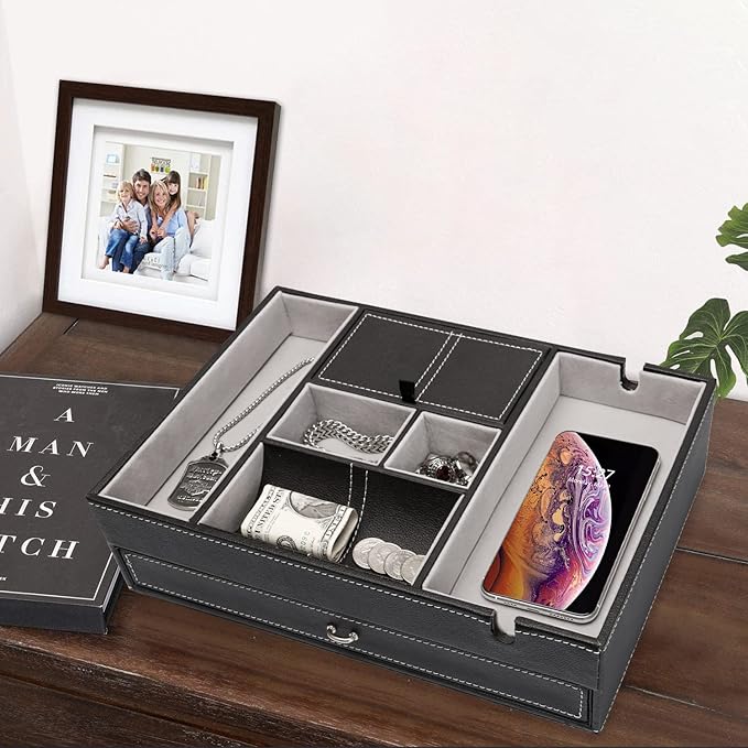 Baoyun Valet Tray for Men, 2 Layers Nightstand Organizers for Men and Women, Leather Jewelry Storage Box, Mens Dresser Top Organizer, Catch All for Jewelry Key Wallet and Phone (Black)