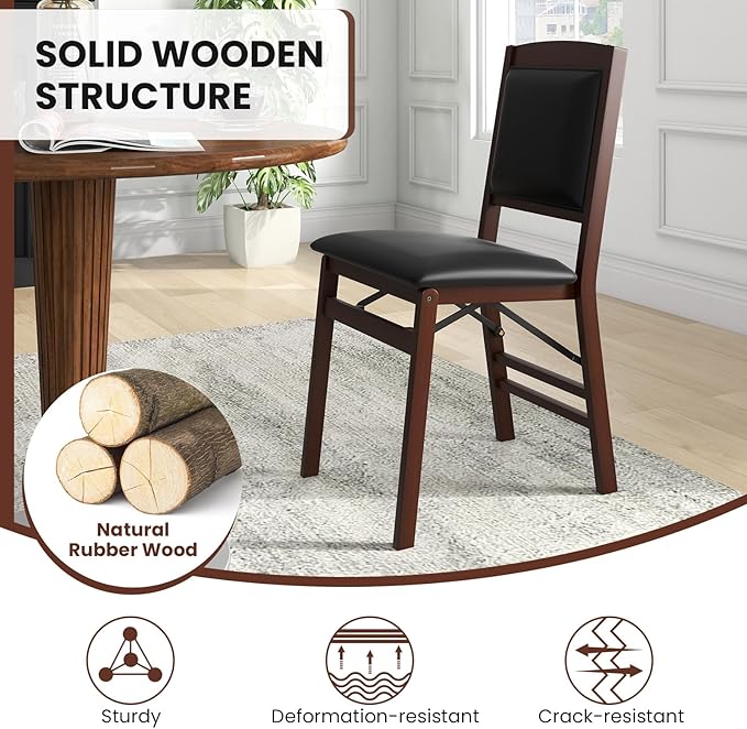 Giantex Folding Dining Chairs Set of 4, Foldable Wood Kitchen Chairs with Padded Seat, Solid Wood Frame, Max Load 400 Lbs, No Assembly Easy to Store Wooden Dining Chairs for Apartment, Small Space