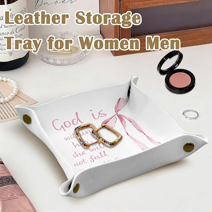 Christian Gifts Jewelry Valet Tray for Women, Coquette Pink Bow Bible Verse PU Leather Catchall Beside Caddy Nightstand Organizer Tray for Jewelry Rings Watches and Accessories, 7.87x7.87in