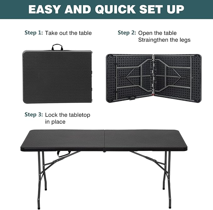 FDW 6 Foot Outdoor Dining Table, Foldable Portable Rectangular Plastic Folding Table with Built in Carrying Handle for Party and Wedding Use, Black Ratten