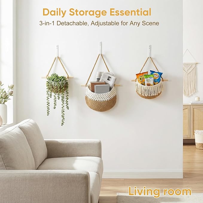 Boho Style Handwoven Rope Hanging Basket - 3-Tier Detachable Storage Organizer for Kitchen/Bathroom/Entryway, 3 Included Heavy-Duty Hooks, 7 Color Options Available (Gold)