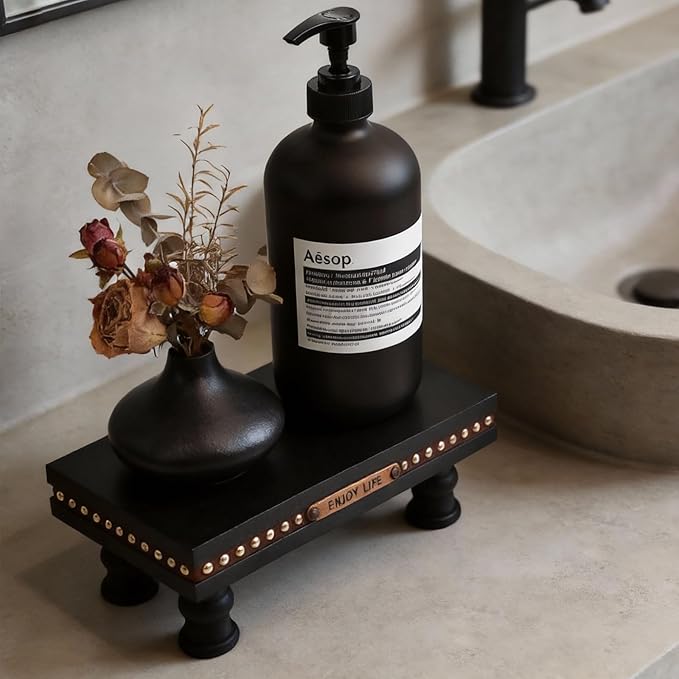 Wood Tray Pedestal Stand, Waterproof Bathroom Counter Organizer, Modern Farmhouse Riser for Soap/Candle/Sponge Black Middle