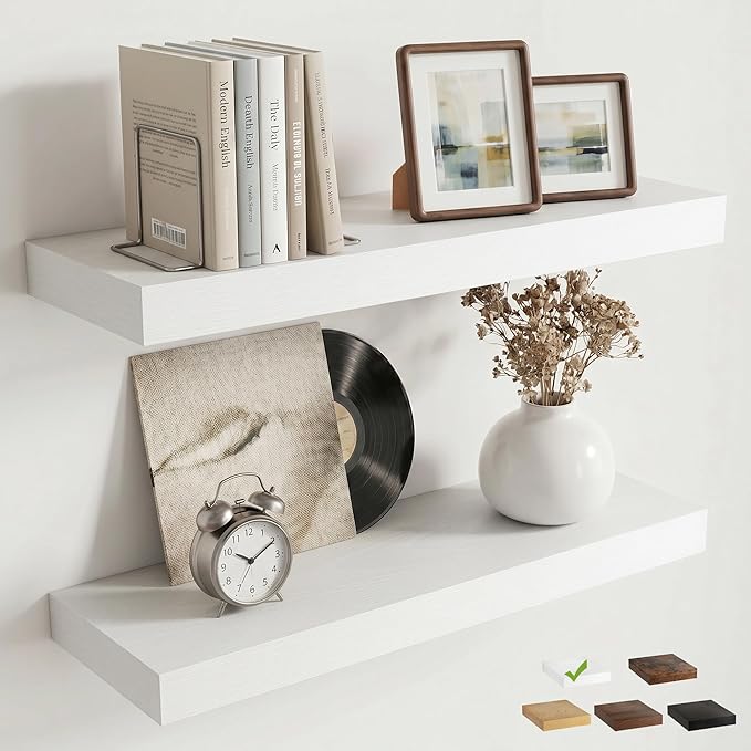 Venusmiles Floating Shelves for Wall, 20 Inch Floating Shelves Set of 2, 6.5" D Wooden Wall Mounted Display Shelves with Invisible Brackets for Living Room, Bedroom, Bathroom, Kitchen Decor, White