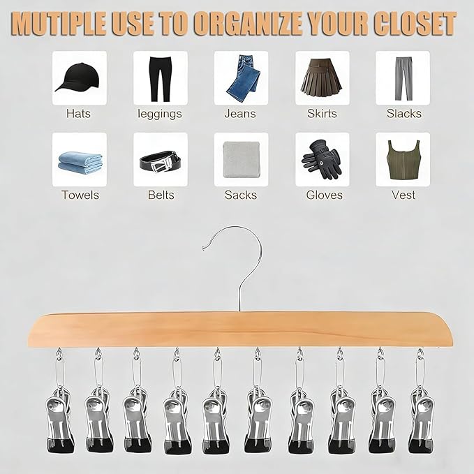 2Pcs Closet Organizer with 10 Clips, 360° Rotating Metal Hanger Clips with Silicone Lining, Space Saving Hanging Closet Organizer, Multi-Purpose Storage Hanger for Jeans Skirts Socks, Vintage Style