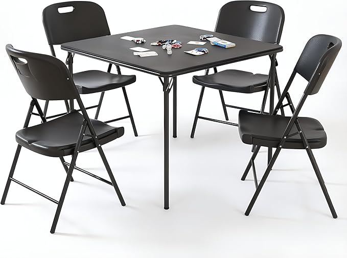 VECELO 5-Piece Folding Card Table Square and Chair Set with Collapsible Legs & Vinyl Upholstery,Portable for Indoor & Outdoor, Black & Dark Grey