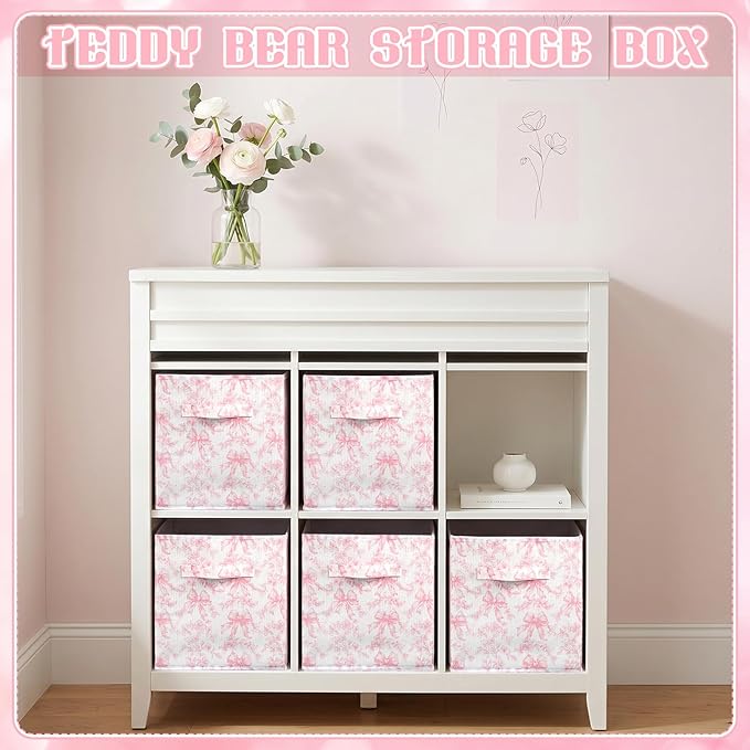 Geelin 6 Pcs Pink Floral Bow Cube Storage Bins 11 Inch Pink Flower Storage Basket with Handle, Preppy Girls Organizer Basket, Collapsible Fabric Box for Classroom Bedrooms Office Home Decoration Gift