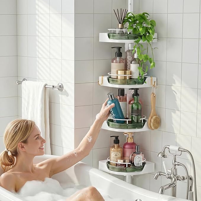 akinbas Shower Caddy Tension Pole with 4 L-Lazy Susan Organizer 360 Rotating 35-128 Inch No Drilling Floor Standing Shelves Adjustable Shower Rack for Bathroom Corner (White+Green)