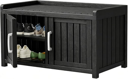 2-Tier Storage Bench, 2 Doors Waterproof Resin Shoe Bench with Adjustable Shelves - Entryway Bench with Seating, Indoor & Outdoor Use for Bedroom, Hallway, Living Room, Black