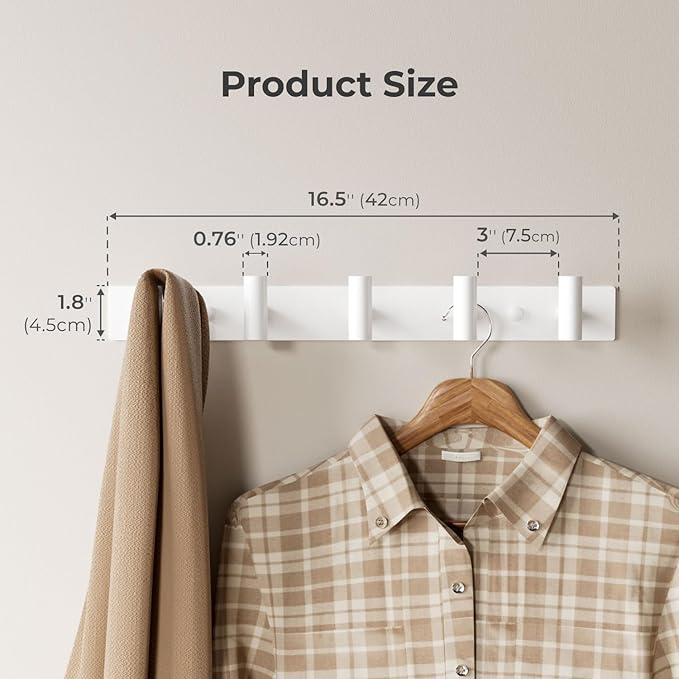 GWAAZXGZ White Wall Mounted Coat Rack – 5 T-Shaped Pegs for Hats, Bags & Towels, Heavy-Duty Metal Rail for Entryway, Bathroom, Closet, Bedroom (2 Pack)