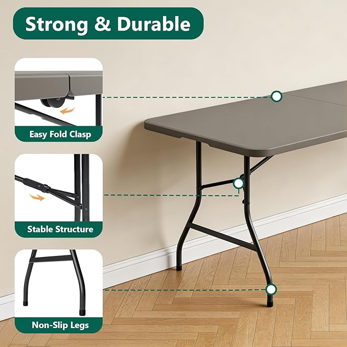 Folding Table 2 Pack, 6FT Heavy Duty Plastic Table with Handle, Foldable&Portable, Fold-in-Half Utility Tables for Outdoor, Dining, Wedding, Events, Indoor, Picnic, Camping, Party,Khaki