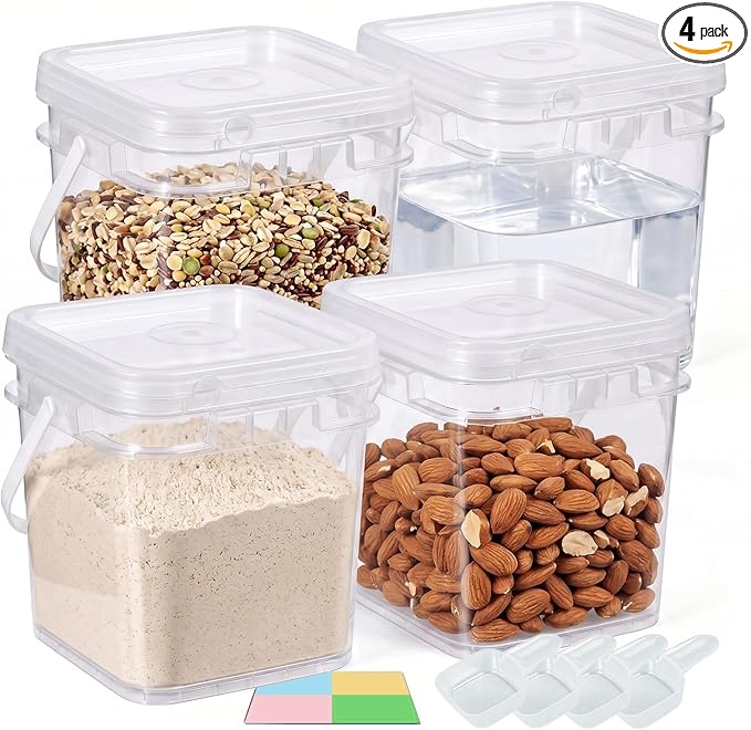 DEMORA 1.3Gallon Food Grade Square Plastic Bucket with Lid, Clear Airtight Storage Container, Reusable Pail for Kitchen Food Water Ice Cream Household Use (Transparent, 4Pcs)