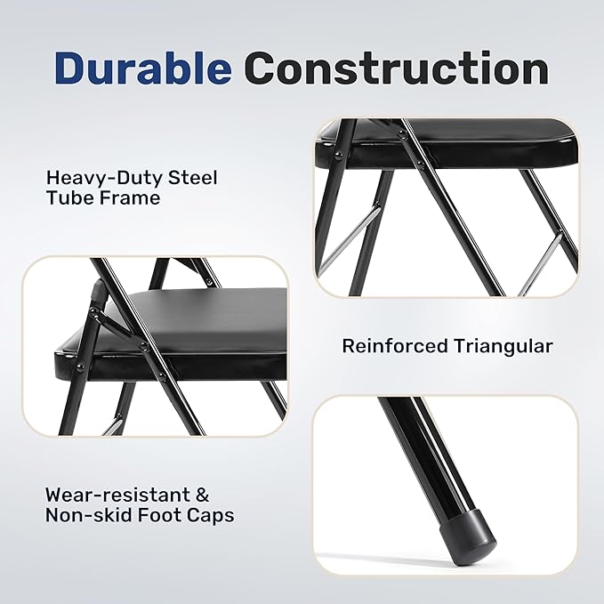 Simple Deluxe 6 Pack Folding Chairs with Leather Padded Cushion Seats & Durable Metal Frame, Comfortable, Foldable, Portable, Commercial Event Seat, Indoor Outdoor for Parties, Home, Office, Black