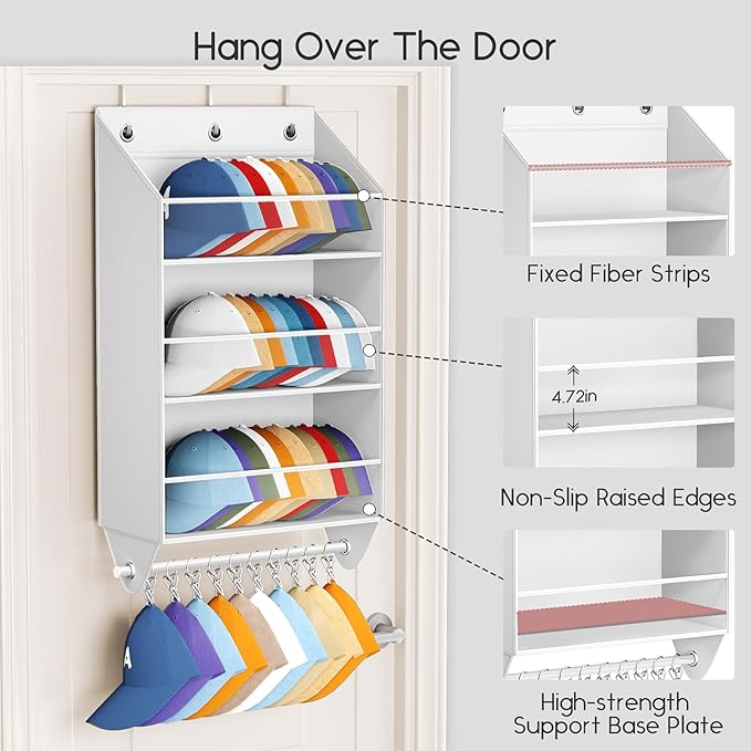 Homsorout Over the Door Hat Rack - 3-Layer Design Hat Organizer Holds 30-36 Hats with 10 Hooks, Ideal Hat Rack for Door, Over the Door Organizer for Closet, Apartment, Bedroom, Dorm, 1 Pack, White