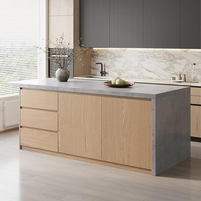 homary Kitchen Island with Storage & Wine Rack, 72" Modern Gray Kitchen Cabinet with Wood Top, Large Fixed Island with 3 Drawers & 6 Adjustable Shelves, Without Bar Stools