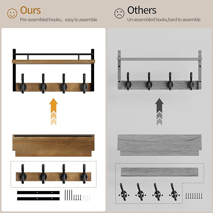 29 inch Coat Rack Wall Mount with Shelf, Entryway Wall Shelf with Hooks, Heavy Duty Coat Hanger Wall Mount with Key Holders and Mail Organizer for Living Room, Bedroom, Wooden Brown & Black