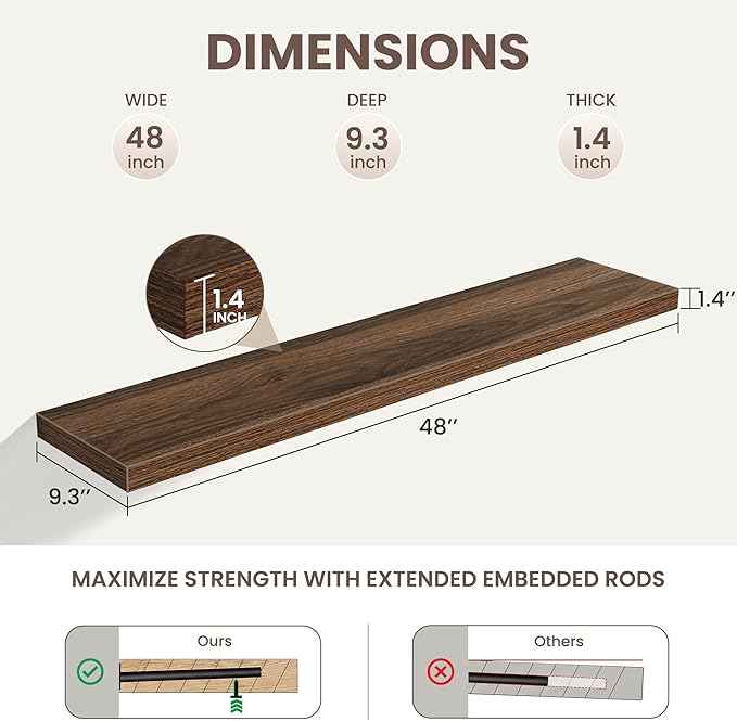 Floating Shelves for Wall,48 Inch Wall Mounted Rustic Wood Shelves,9.3" Deep Wall Shelf with Invisible Brackets,Large Deep Floating Shelf for Bathroom,Bedroom,Living Room,Book/Storage/Decor,Walnut