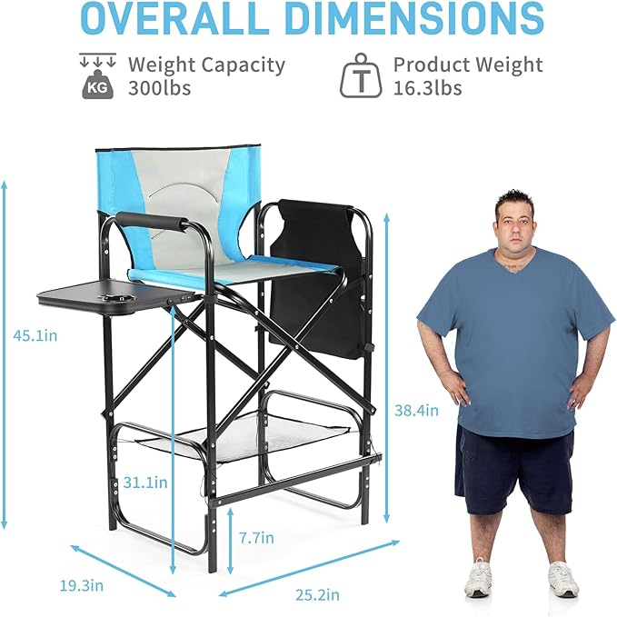 Outvita 31" Tall Directors Chair Height Seat Folding with Side Table Storage Bag, Support for 300Lbs Portable Makeup Artist Chair with Bar Height(Blue/Black)