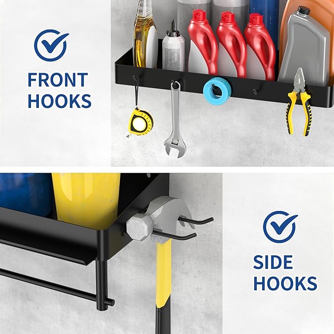 Taozun Garage Paper Towel Holder, 2 Pack Garage Organization, 12" Paper Towel Holder, Shop Shelf Wall Mount with 8 Hooks for Tool Room(Black)