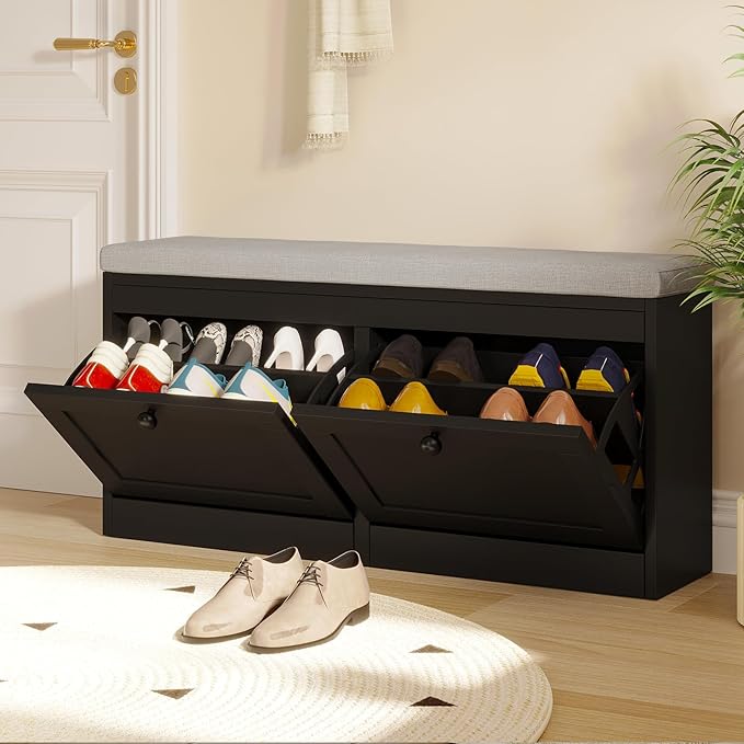VOWNER Shoe Bench with 2 Flip Drawers, Shoe Organizer Storage Bench with Adjustable Shelves for Entryway, Hallway, Living Room (Black)