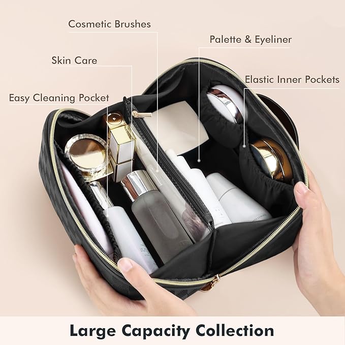 Prite Makeup Bag for Women Travel Waterproof Vegan Leather Cosmetic Bag Open Flat Toiletry Bag With Clear Divider and Handle (Plaid Black, Medium)