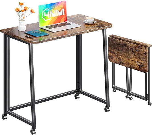 4NM 31.5" Mobile Small Folding Desk, Foldable Rolling Computer Home Office Desk, Study Writing Table for Small Space Saving Bedroom, with Wheels - Rustic Brown and Black