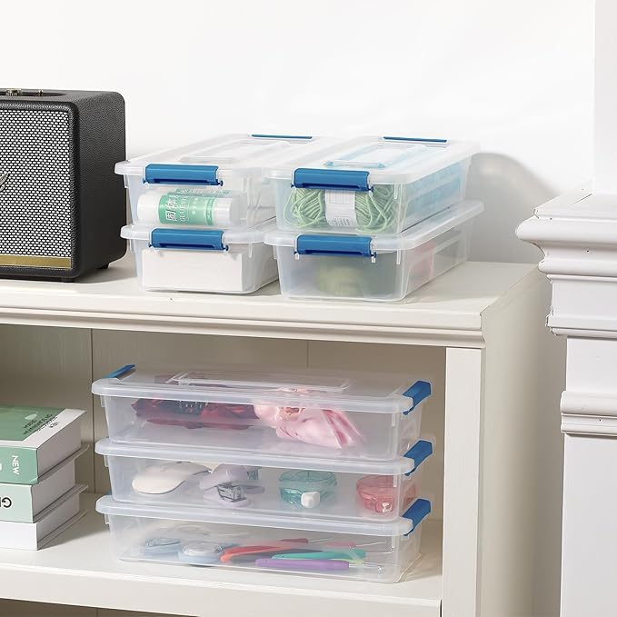 novelinks Clear Plastic Storage Bins with lids, Stackable Storage Containers, Durable Craft Storage Boxes, Organization Containers for Home Office (4 Quart 8 Pack Blue)