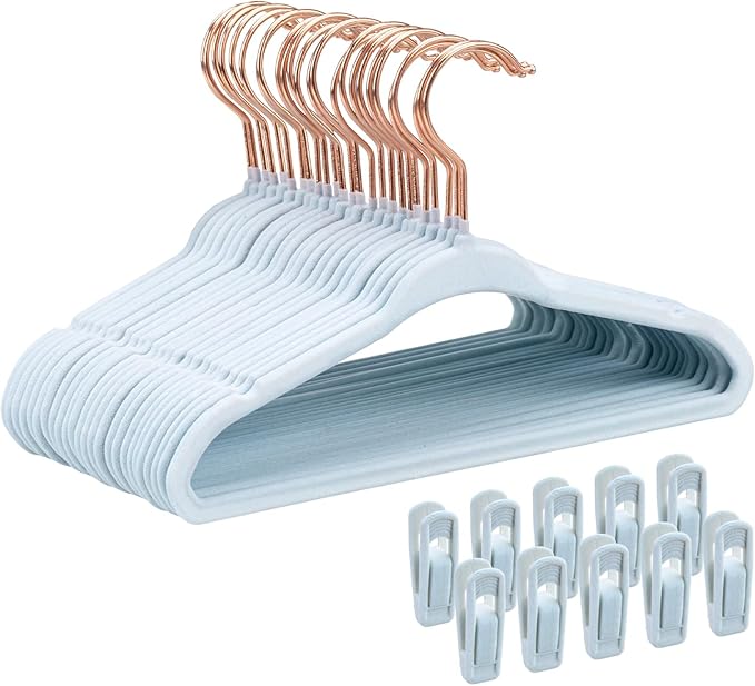 Tonswachic Baby Hangers 50 Pack - 11 Inch Premium Velvet Non Slip Kids Hanger for Infant & Toddler Clothes - 0.2" Ultra Thin Baby Closet Hangers with 10 Hanger Clips - Blue