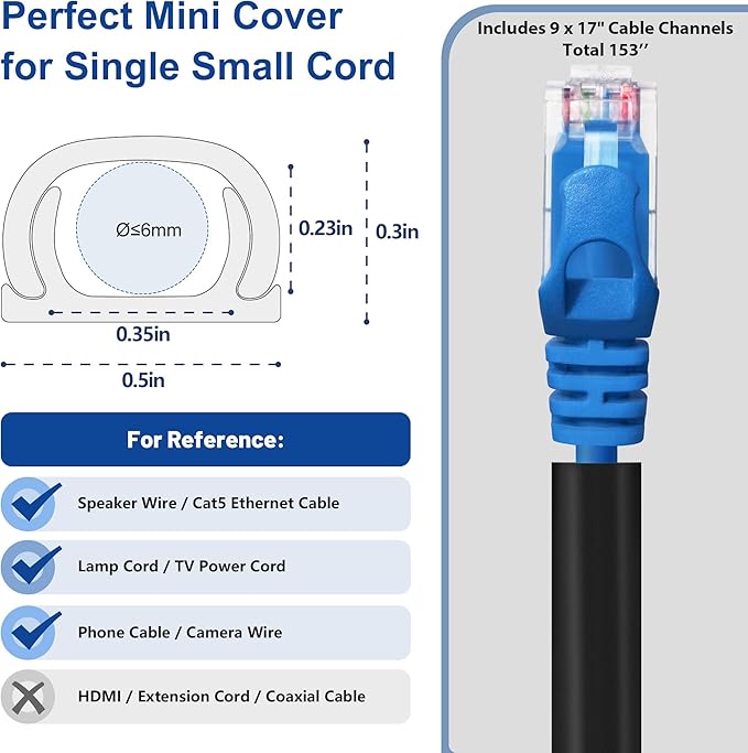 One Cord Cover Wall 153in(9X L17in) - Mini Wire Hider, Wire Cover for Hiding Speaker Wire, Baby Monitor Cord - Paintable Wire Channel for Cable Concealer, W0.5in H0.3in, CMR05 Black