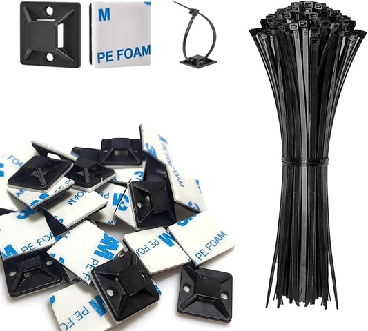 50 Set Cable Zip Tie Self Adhesive Mounts Kit with 6" Zip Ties, 3/4" Wire Holders Squares, Screws - Sticky Wire Fasteners Cable Clips Management Anchors Organizer