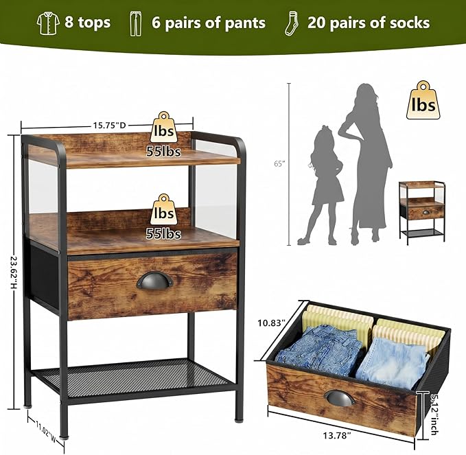 Nightstands Set of 2, Bedside Table with 1 Fabric Drawer, Open Mesh Shelf, End Table Side Table with Storage Drawer Dresser, Wear-Resistant Metal Frame, Bedroom, Rustic Brown