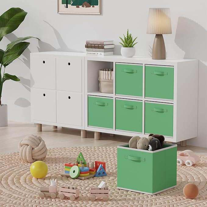 MAX Houser Fabric Cloth Storage Bins,Foldable Storage Cubes Organizer Baskets with Dual Handles for Home Bedroom Storage,Set of 6(Green)