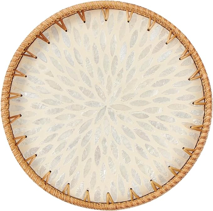 Kmelep Round Rattan Tray with Mother of Pearl Inlay, Rattan Serving Tray with Wooden Base, Decorative Wicker Basket for Table Decor, Storage and Display of Coffee Bread Food Fruit (Leaf 2)