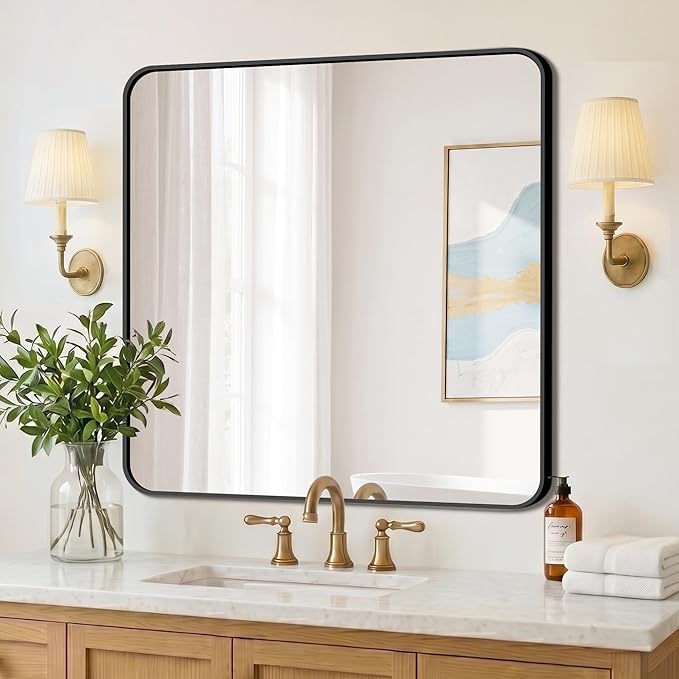 FICTOR Bathroom Mirror, 30"x30" Black Framed Vanity Mirror for Wall, Shatterproof &Anti-Rust Bathroom Mirrors for Over Sink, Bedroom, Living Room, Entryway, Vertical/Horizontal Mount