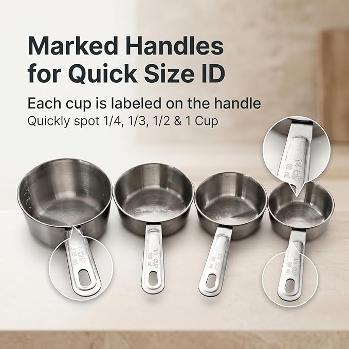 Stainless Steel Measuring Cups Set of 4, Metal, 1/4, 1/3, 1/2 & 1 Cup, Marked Handles, 1 Cup with Stamped Interior Marks, Nesting Cups for Baking & Cooking, Dry & Liquid Ingredients