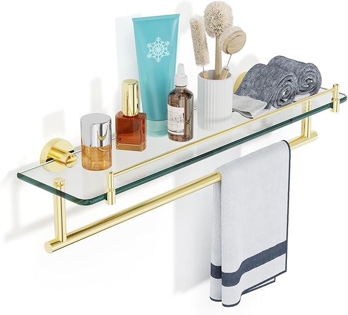 20 Inch Brushed Gold Bathroom Towel Rack with Tempered Glass Shelf, Wall Mounted Towel Holder Storage Organizer for Bathroom