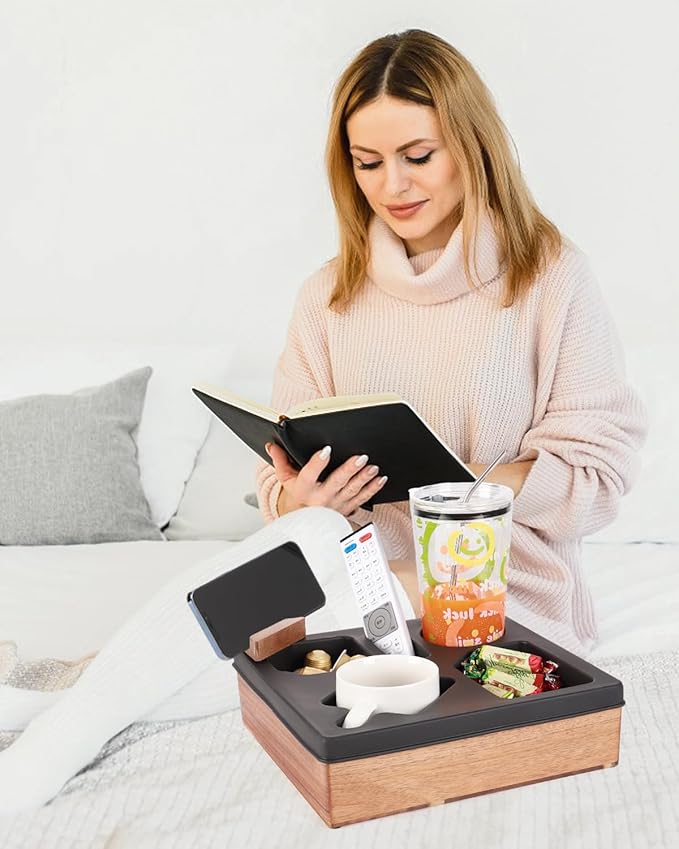 Couch Cup Holder Tray, Silicone Acacia Wooden Couch Caddy with Cup Holder for Snacks, Drinks, Remotes, Waterproof Cup Holder for Couch, Organizer, Movie Night Snack Trays