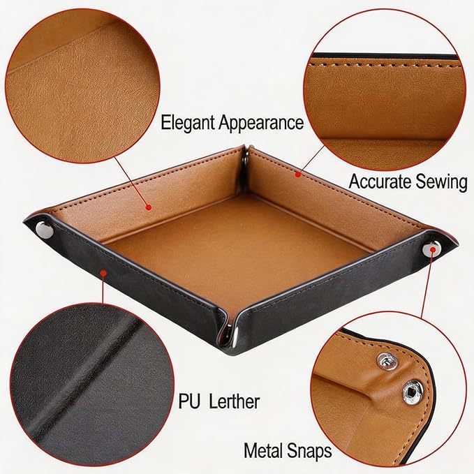 Valet Tray Desktop Storage Organizer, Vegan Leather Catchall Tray Bedside Vanity Tray Nightstand Caddy Holder for Remote Controller, Watch, Keys, Phone, Wallet, Sunglasses, Jewelry, Khaki