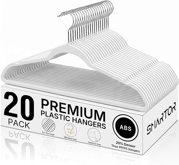 SMARTOR Plastic Hangers 20 Pack - Thin and Slim Design for Space Saving Organizer - Durable & Heavy Duty Closet Organizers and Storage with 360 Swivel Hooks, Non Slip Notches for Straps - White