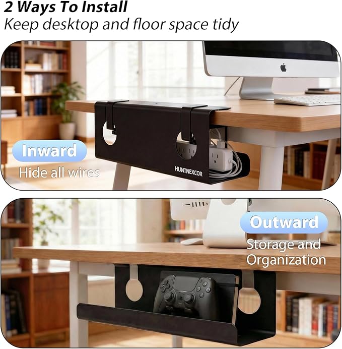 No Drill Under Desk Cable Management Tray with Clamp, Home/Office Desk Cord Organizer and Accessories Storage Shelf, 17'' Metal Cable Organizer for Standing/Gaming Desk, Office Supplies, Black 2 Set