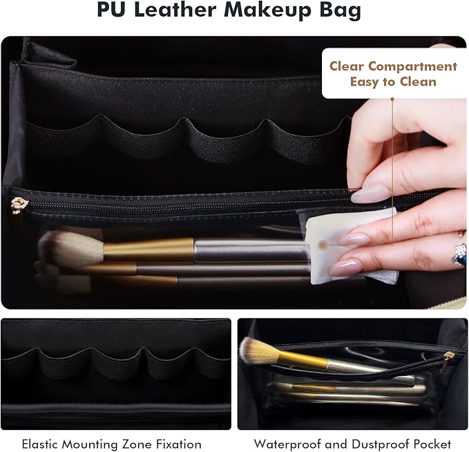 Prite Makeup Bag for Women Travel Waterproof Vegan Leather Cosmetic Bag Open Flat Toiletry Bag With Clear Divider and Handle (Black, Large Pro)