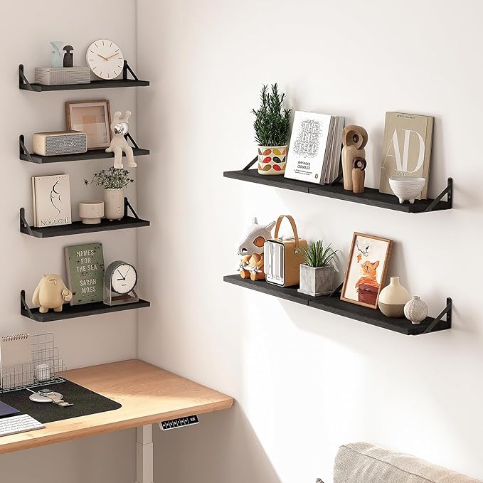 Fixwal Floating Shelves, Width 4.75in Rustic Wood Wall Shelves Set of 8, Wall Storage Shelves for Bedroom, Living Room, Kitchen, Bathroom, Office and Plants (Black)