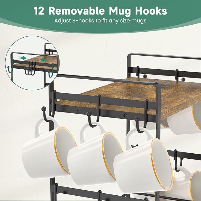 EsLuker.ly Coffee Mug Cup Holder Tree Bar Station Organizer, 2 Tier Mug Stand Rack for Countertop Kitchen, Storage Tower Display Shelf with 12 Hooks, Coffee Nook Enhancer