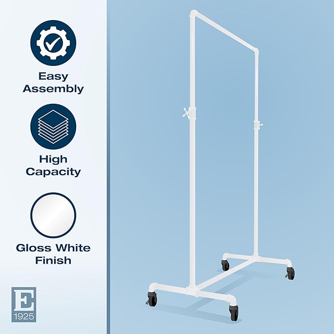 Econoco Pipeline Adjustable Ballet Bar Rack, Rolling Clothing Display with Vintage Style and Adjustable Height, Gloss White